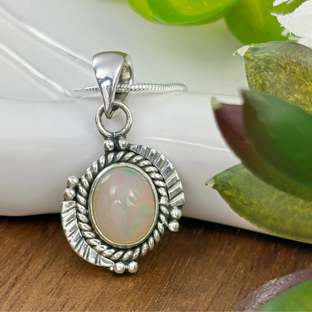 Ethiopian Opal Gemstone Pendant Pure Sterling Silver 925 Boho Southwest New